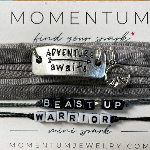 Adventure Awaits w/mountain charm, Warrior& Beast Up trio